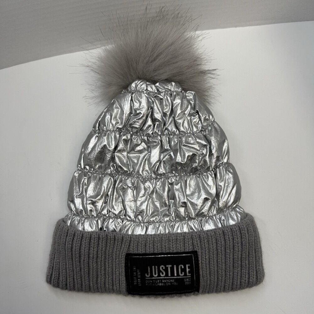 Justice Girls Faux Fur Pom Metallic Silver Quilted Beanie